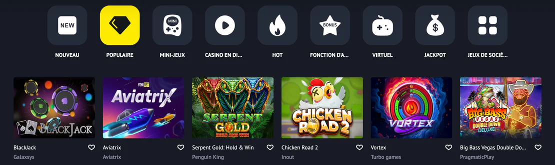 Catalogue de jeux d'argent réels sur la plateforme Yonibet